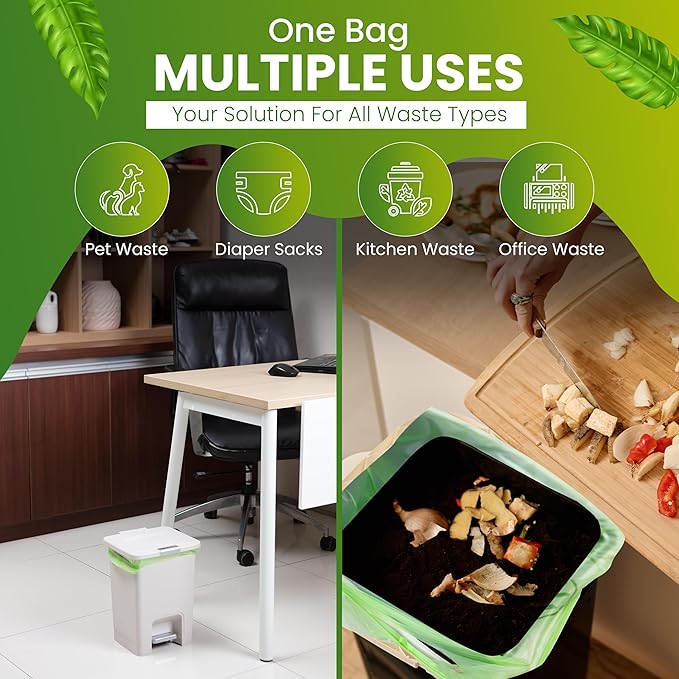 GREENWAY 3 Gallon Compostable Bags with Handles, 100 Count, 0.70 Mil, Food scrap bags, US BPI & Europe OK Compost Home Certified