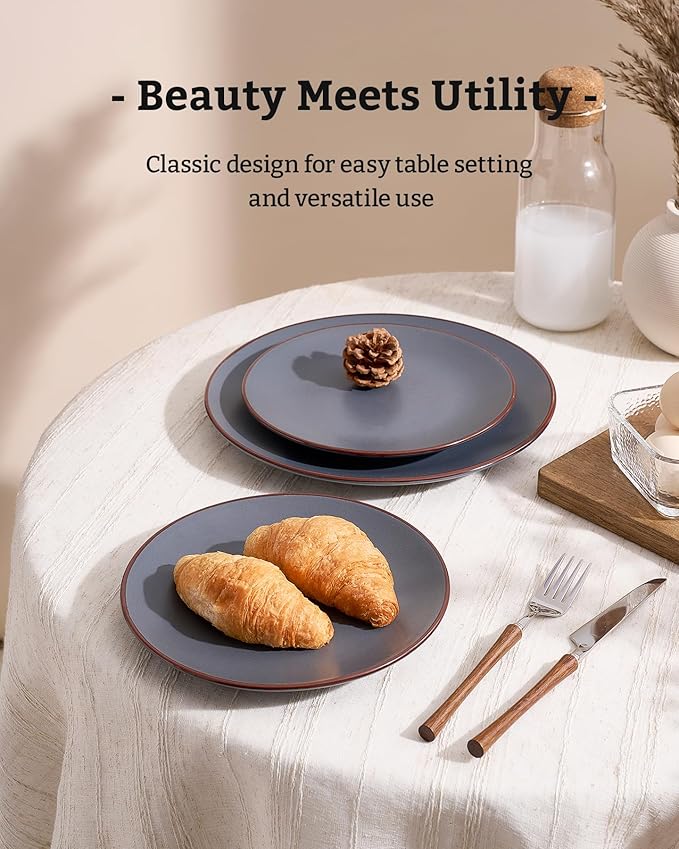 Famiware Venus Ceramic Plates and Bowls Sets, Speckled Dinnerware Dish Sets for 8 (24 Pieces) - Microwave and Dishwasher Safe, Matte Charcoal