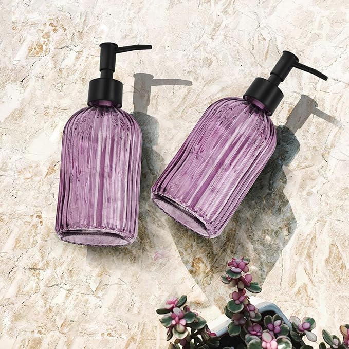 Glass Soap Dispenser with Plastic Pump, Hand Soap Dispenser for Hand Wash, Lotion Dispenser for Dishwashing Liquid, Lotion Shower Gel (Striped Purple)