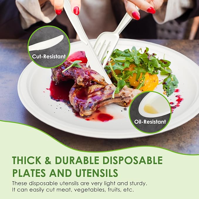 400PCS Compostable Paper Plates Set, Disposable Eco-friendly Dinnerware Set, Biodegradable Heavy-Duty Paper Plates, Utensils, Cups and Straws for Party Camping 50 (White)