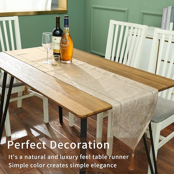Tosewever Decorative Linen Table Runner with Tassels Tabletop Collection 14 x 72 Inches Table Runners for Everyday Dining Wedding Party Holiday Home Decor (14" x 72", Light Coffee)