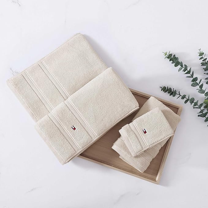 Tommy Hilfiger - Bath Towels, Ultra-Soft & Quick Drying with Zero Twist, 600 GSM Bathroom Towels with Iconic Flag Accent (Harborside Solid Beige, 6 Piece)