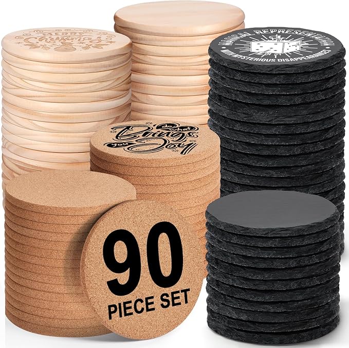 90 PCS Round Blank Coasters Bulk for Laser Engraving, MAPRIAL 4 Inch 100% Natural Black Slate Stone, Wood, Cork, Engravable Materials for Engraver, Gifts, Crafts