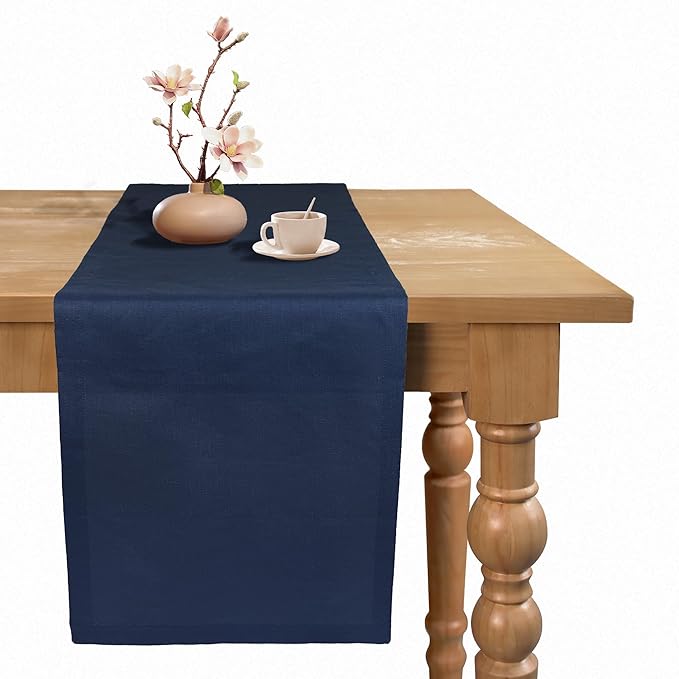 Small Coffee Farmhouse Table Runner for Fall, Thanksgiving, Christmas, and Winter - Athena - 100% Pure Linen - 14 x 48 Inches - Navy