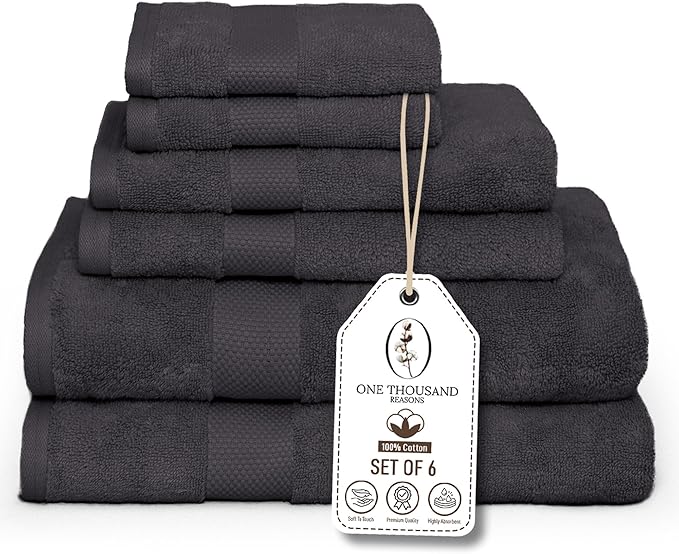 Premium Staple Cotton Bathroom Towel Set - Dark Gray 600 GSM 6-Piece Luxury Bath Towel Set 1 Stripe - 2 Bath Towels, 2 Hand Towels & 2 Washclothes Set - High Absorbent & Quick Dry for Gym, Spa, Hotel