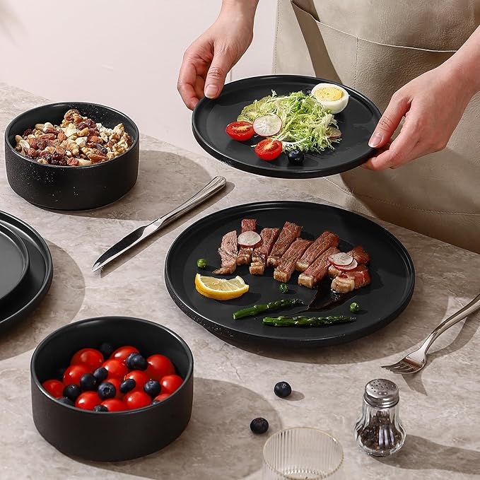 GZG Classic Series - Plates and Bowls Set for 2, 6 Piece Stoneware Dinnerware Sets, Microwave and Dishwasher Safe Lead-Free Handcrafted Ceramic Dishes Set - Frosted Matte Black