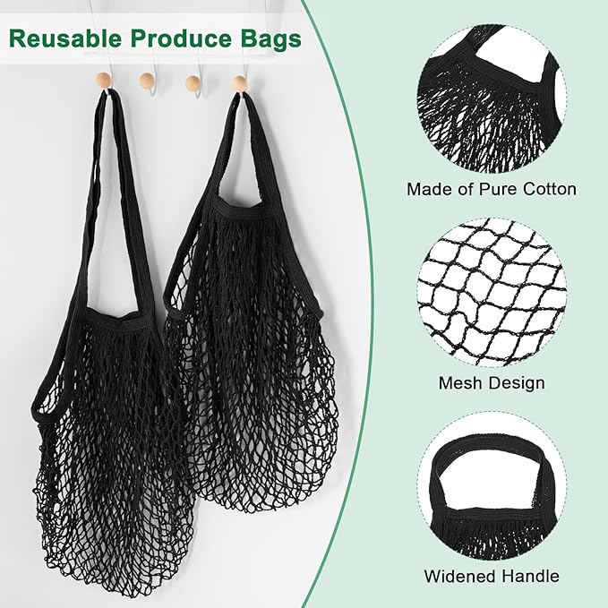 2-Pack Cotton Mesh Bag, Reusable Washable Mesh Net String Grocery Bags, Reusable Produce Bags with Handle, Net Tote Bag for Fruits/Vegetables Shopping [Black, Long&Short Handle]