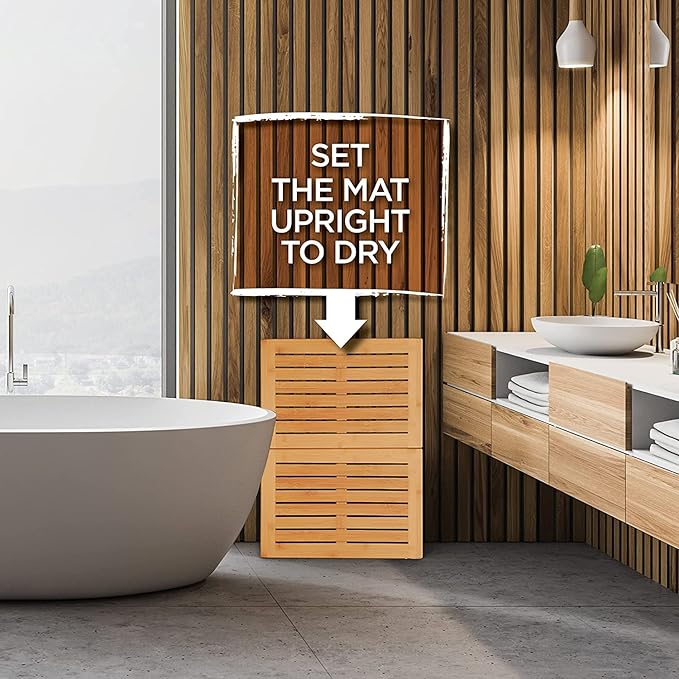 Bambüsi Bamboo Bath Mat - Foldable Wooden Shower Mat, Non-Slip Bamboo Bathroom Mat for Indoor/Outdoor Use, Spa & Sauna Floor Mat, Wood Bath Mat 24" x 18"