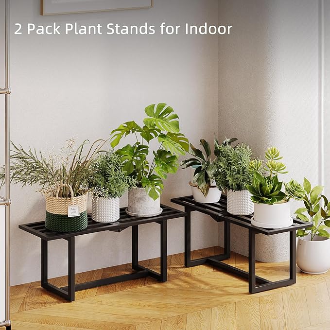 2 Pack Metal Plant Stand Indoor, Outdoor Iron Plant Shelf, Heavy Duty Slatted Display Shelf for Patio Balcony Garden Living Room Load Bearing 330 LB 26" L x 10.4" H x 8.6" W 1 Tier Black