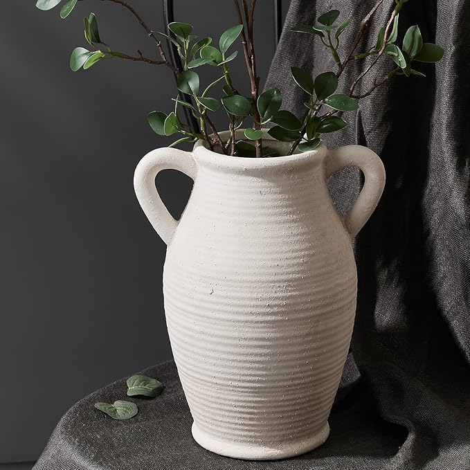 Large Ceramic Rustic Vase with 2 Handles, 9.8 inch Farmhouse Flower Vase, Minimalist for Home Decor, Living Room, Shelf Decor, Pampas Grass, Enterway, Table Decoration, Gift, Off White