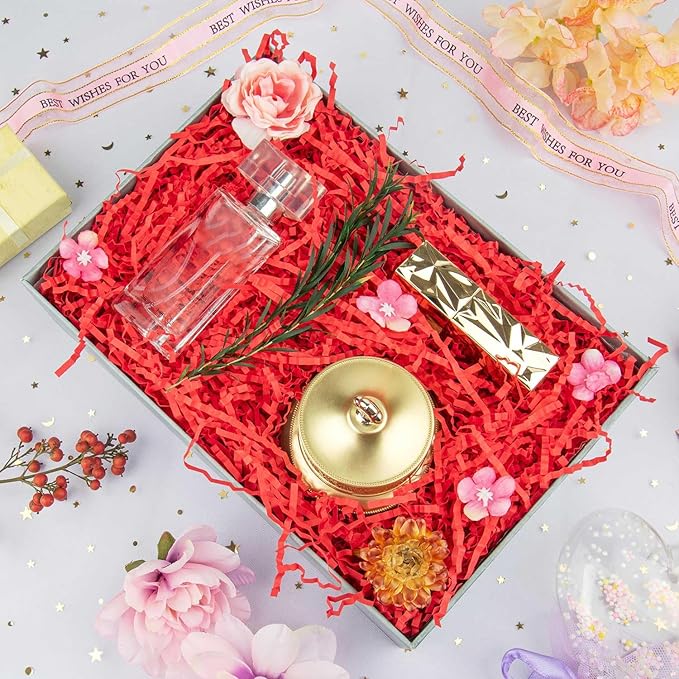 Caleihd Crinkle Cut Paper Grass Filler for Easter Christmas Wedding Birthday Bridesmaid Engagement Craft Gift Boxes Bags Filler Decoration 4.5oz Red