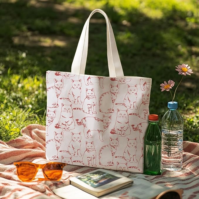 Animals-Flowers-Fruits-Bow Valentines Canvas Heart Tote Bag, Coquette Reusable Shopping Grocery Bags