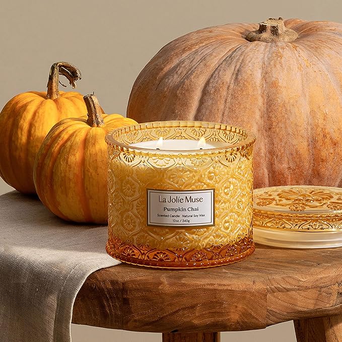 LA JOLIE MUSE Pumpkin Chai Candle | Spicy Chai & Vanilla | 12 oz Double Wick Soy Candle | 60 Hours Clean Burn | Elegant Home Décor & Hosting Gift
