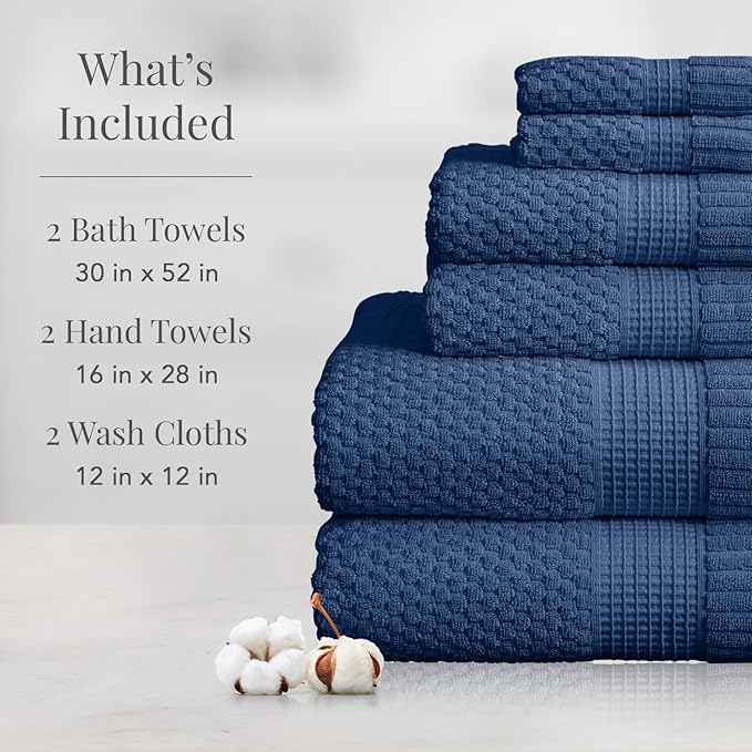 NY Loft 100% Cotton Towel Set 6 Piece Towel Set | Navy Bath Towels | Absorbent & Quick-Dry Towels | Trinity Collection (6 Piece Set, Navy Blue)