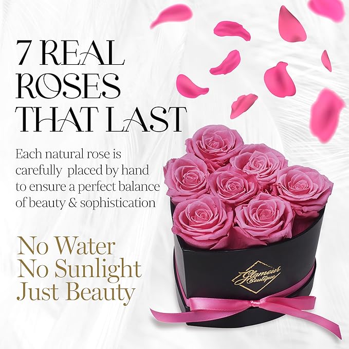 GLAMOUR BOUTIQUE 7 Flower Forever Heart Shape Box - Preserved Roses Gift for Her, Preserved Flowers, Pink