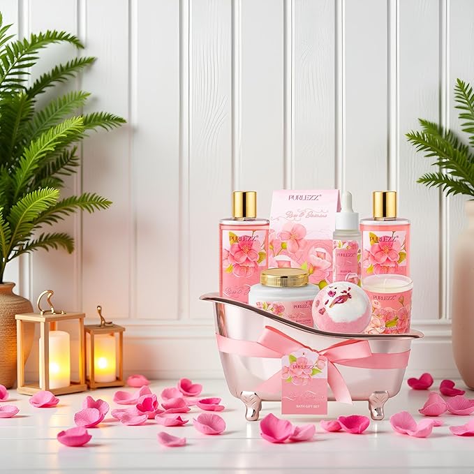 Rose & Jasmine Floral Luxury Bath & Body Gifts - Spa Basket with Body Lotion, Soy Candle - Home Bath Gift Set for Women
