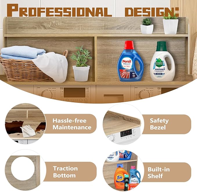 Royxen 2-Tier Washer Dryer Countertop,19.5"H Wood Washer and Dryer Topper with Shelf,Laundry Countertop Over Washer and Dryer, Universal Fit for Laundry Room Organization (White Oak, 54"W X 27.5"D)