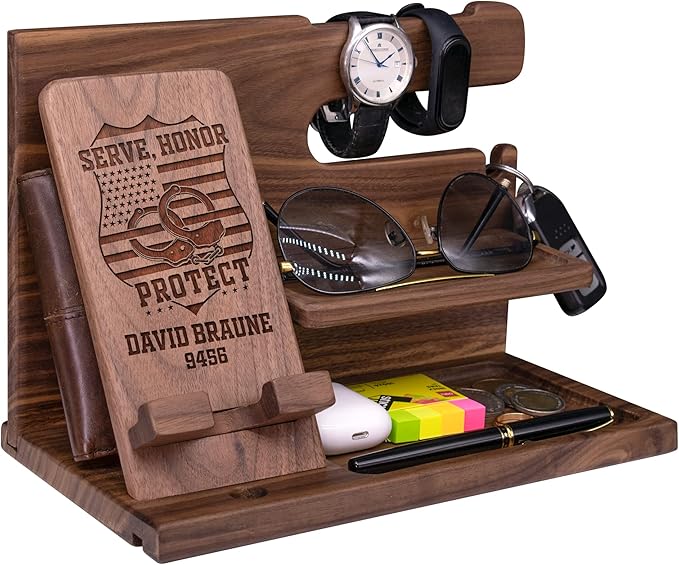 Phone Docking Station For Police Officers - Handmade Unique Nightstand Organizer For Policeman's Accessories - Personalized Gift Ideas for Dad, Grandpa, Husband, Boyfriend on Fathers Day, Anniversary