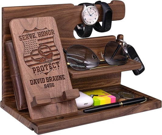 Phone Docking Station For Police Officers - Handmade Unique Nightstand Organizer For Policeman's Accessories - Personalized Gift Ideas for Dad, Grandpa, Husband, Boyfriend on Fathers Day, Anniversary