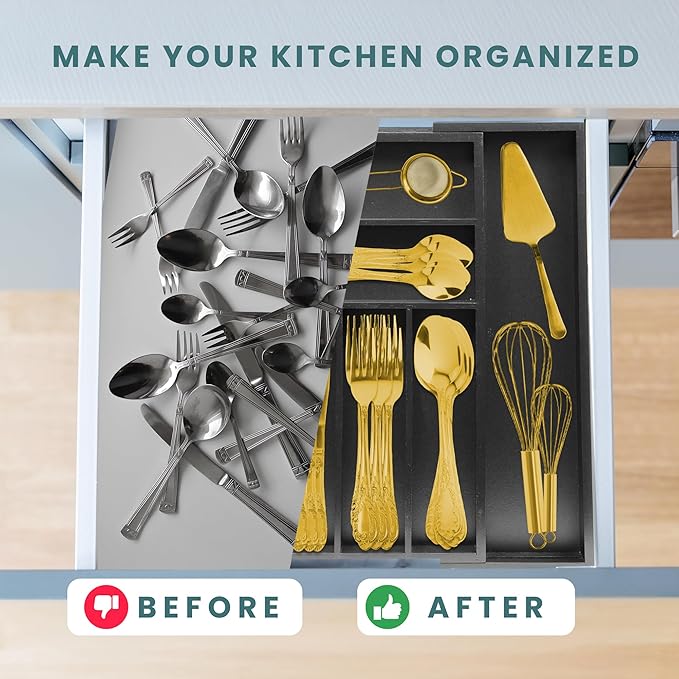 Sben Expandable Drawer Organizer for Utensils Holder, Adjustable Cutlery Tray, Wood Drawer Dividers Organizer for Silverware, Flatware, Knives for Kitchen (Black)