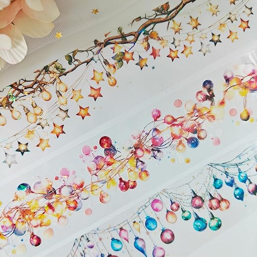 PET Christmas Washi Tape Stickers Set,3 Rolls Lighting Scrapbook Tape Stickers for Journaling,Junk Journal Supplies,DIY Craft,Notebook,Phone Case(Star Light)