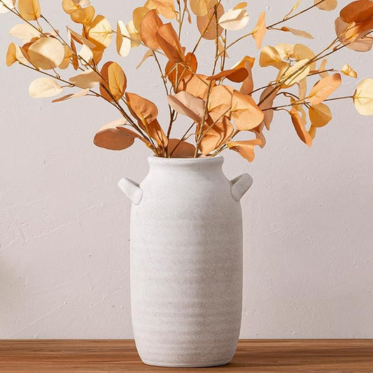Large Flower Vase Home Decor - 12 inch Tall Ceramic Farmhouse Rustic Table Vases with Handle Living Room Decoration Decorative Rustic Pottery for Floor Kitchen Shelf Coffee Dining Desk Fireplace