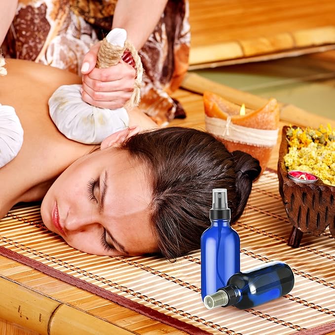 Fumete 36 Pcs Glass Spray Bottles 4oz Fine Mist Glass Spray Bottle Refillable Liquid Containers with 6 Labels 6 Funnel for Hair Travel Plants Cleaning Solutions Skin Care(Blue,Simple)