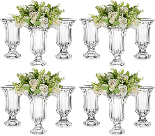 Glasseam Ribbed Glass Vase for Flowers, 7.5in Tall Vases for Centerpieces, Modern Crystal Clear Vase Set of 12, Decorative Flower Vases for Decor, Fluted Footed Urn for Wedding Dining Table Decoration