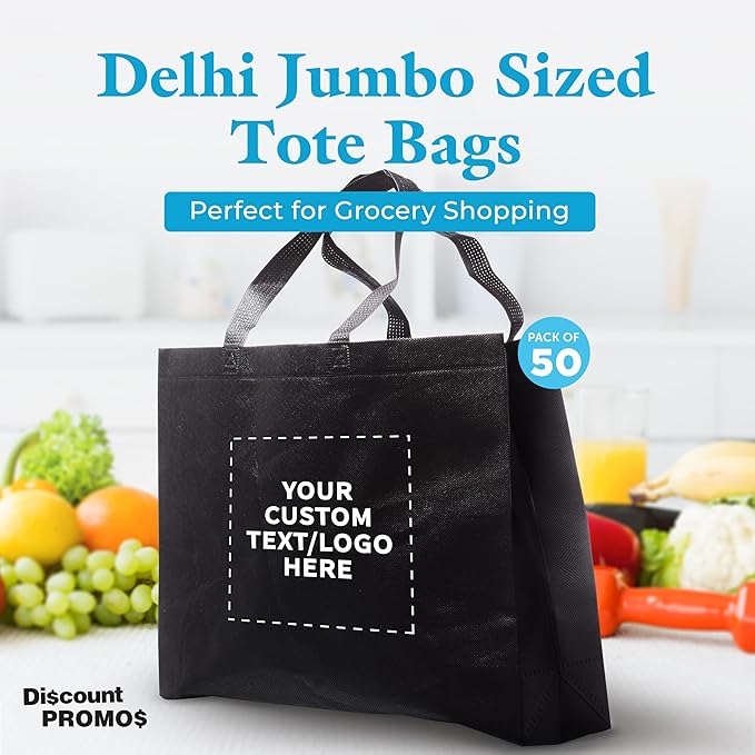 DISCOUNT PROMOS Custom Jumbo Sized Tote Bags Set of 50, Personalized Bulk Pack - Reusable Grocery Bags, Shopping Bags, Promotional Item Totes for Women - Black