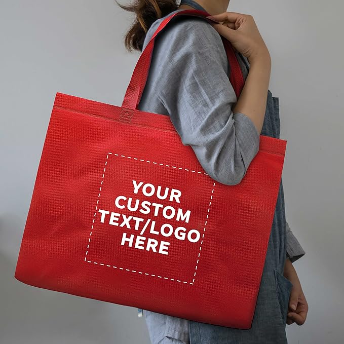 DISCOUNT PROMOS Custom Jumbo Sized Tote Bags Set of 50, Personalized Bulk Pack - Reusable Grocery Bags, Shopping Bags, Promotional Item Totes for Women - Red