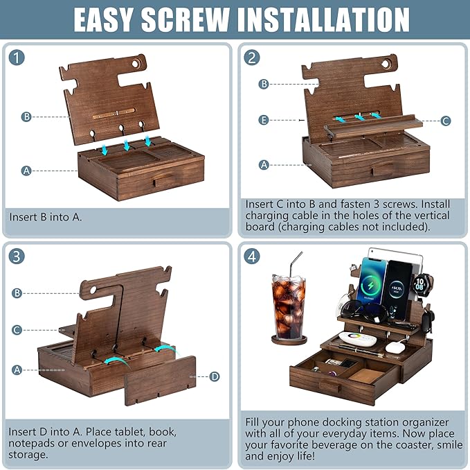 Wood Phone Docking Station for up to 3 Phones, Samsung Galaxy Watch Compatible Nightstand Organizer with Drawer for Valuables for Men & Women, Holds Phones, Tablets, Keys, Rings, Glasses, Watches, EDC