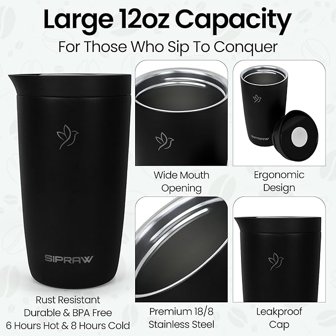 Travel Coffee Mug Tumbler, Reusable Iced Coffee Hot Coffee Cup, Double Wall Insulated Thermal Stainless Steel Material, Gift for Women Men, Perfect for Camping Travelling, 12 oz, Black