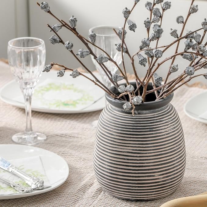 Ceramic Rustic Vase,7.48" Flowers Pottery Vases Home Decor Round Wide-Mouth Farmhouse Decorative Vase for Flowers Pampas for Table Living Room Entryway Mantel Shelf Kitchen Bathroom Bedroom