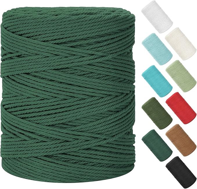 Macrame Cord 4mm x 380Yards (1140Feet), Natural Cotton Macrame Rope - 4 Strands Twisted Macrame Cotton Cord for Wall Hanging, Plant Hangers, Crafts, Gift Wrapping and Wedding Decorations, Dark Green
