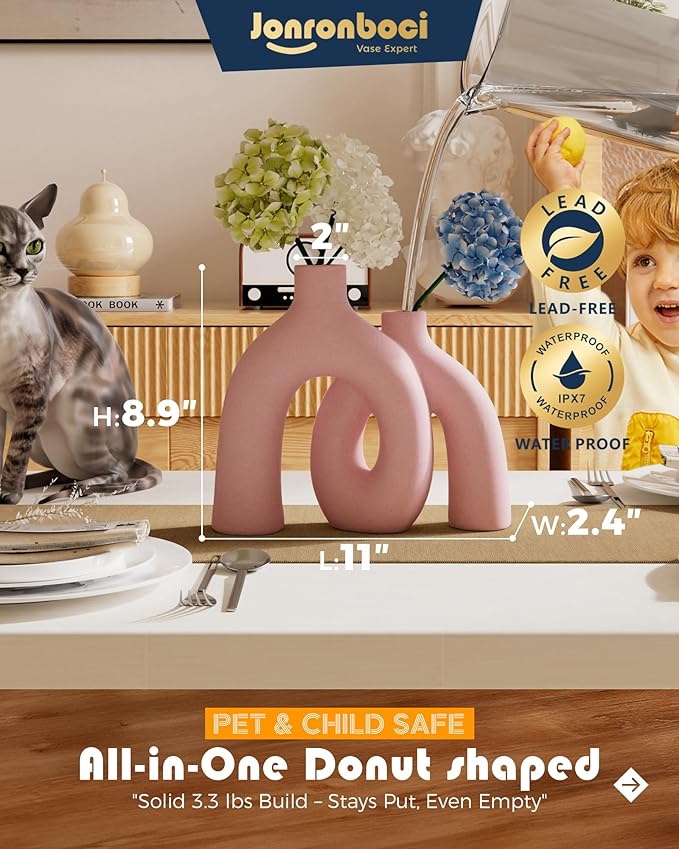 Hug Donut Decorative Vase Set - Light Pink Modern Glam Eclectic Style Vases Home Decor, Matte Ceramic Decorations for Living Room Shelf, Bookshelf Mantle Entryway Table or Console Décor(Pink)