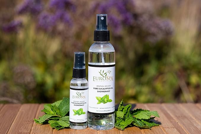 EuroSpa Aromatics Pure Eucalyptus Oil ShowerMist and Steam Room Spray, All-Natural Premium Aromatherapy Essential Oils - Menthol Infused, 8oz
