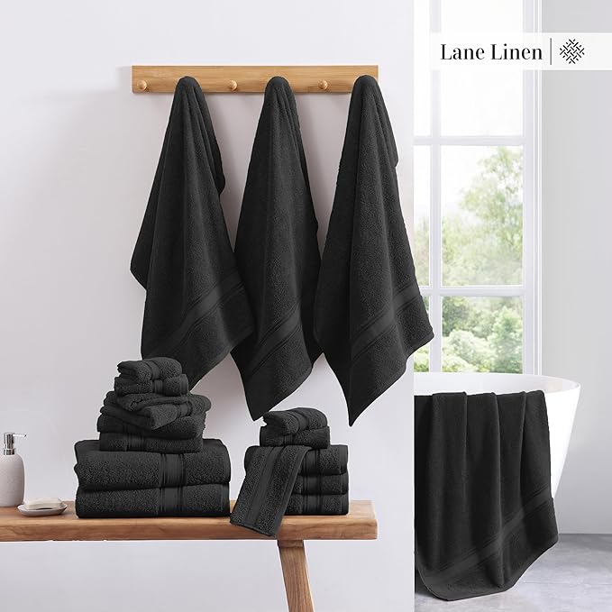 LANE LINEN Luxury Towels Set - 3 Piece Set, 100% Cotton Bathroom Towels, Zero Twist, Quick Dry Shower Towels, Absorbent Bath Towel, Super Soft, 1 Bath Towel, 1 Hand Towel, 1 Wash Cloths - Black