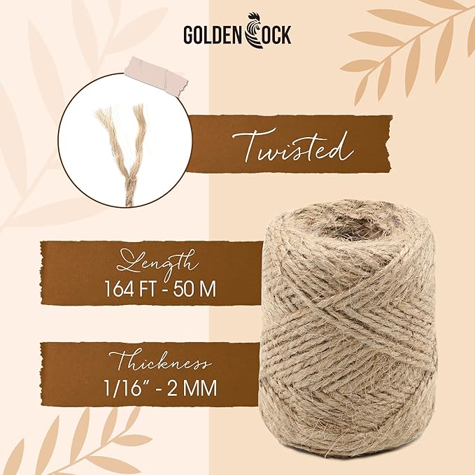 2mm - 164FT Natural Jute Twine Rope String - for Crafts Gardening Plant Accessories Gift Wrapping, Arts Packing Material Christmas Twine Bulk Wedding Decor