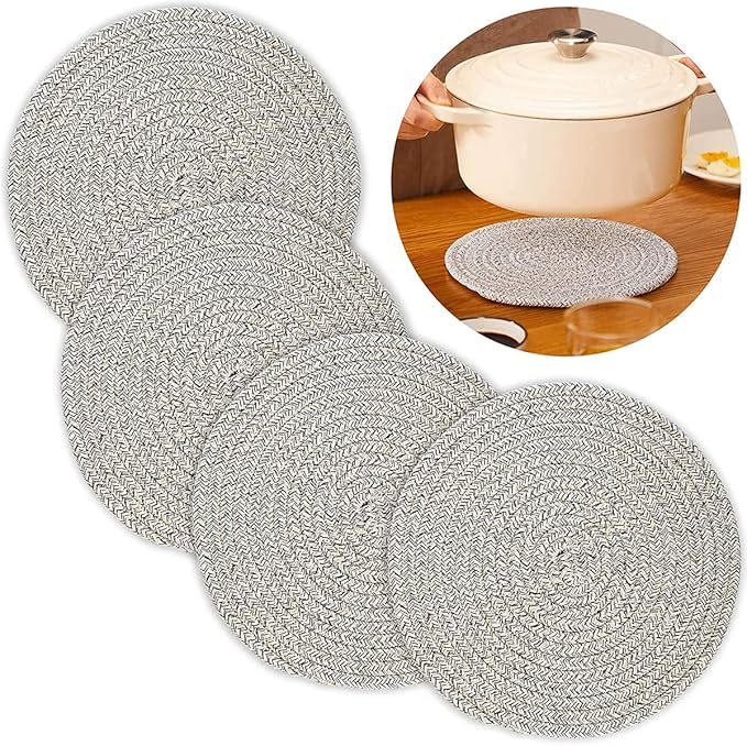 Set of 4 Round Woven Placemats,13.8 inch Plate Chargers Thick Place Mats Cotton Braided Tablemats Rattan Brown Table Mats Weave Placemats for Table Decoration