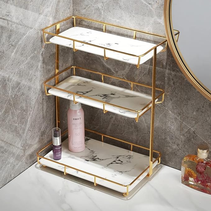 Bathroom Organizer Countertop Perfume Organizer Makeup Organizer Cosmetics Storage Display Rack Vanity Tray Dresser Stainless Steel Gold Shelf White Marble Ceramic Tray