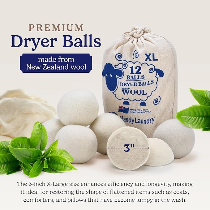 Handy Laundry Wool Dryer Balls - Natural Fabric Softener, Reusable, Reduces Clothing Wrinkles and Saves Drying Time, Better Alternative to Plastic Balls and Liquid Softener (Pack of 12)