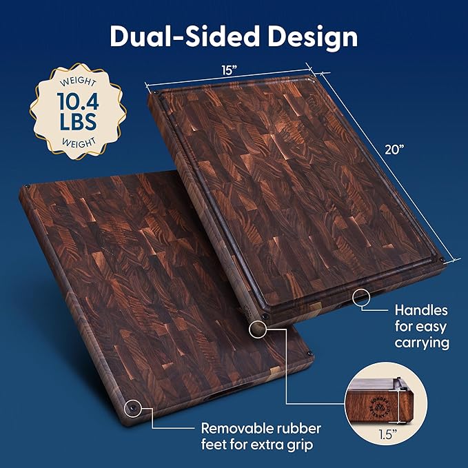 Sonder Los Angeles, Made in USA, Large Thick End Grain Walnut Wood Cutting Board with Non-Slip Feet, Juice Groove for Kitchen 20x15x1.5 in (Gift Box Included)