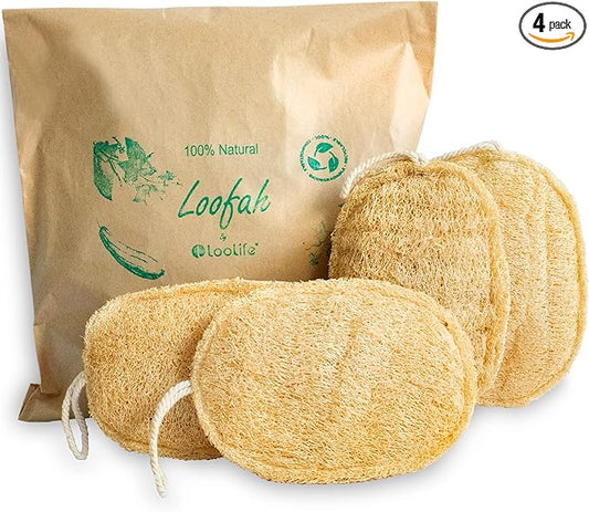 Natural Loofah Exfoliating Sponge (4 Pack) - Organic Body Scrubber - Biodegradable Shower Luffa