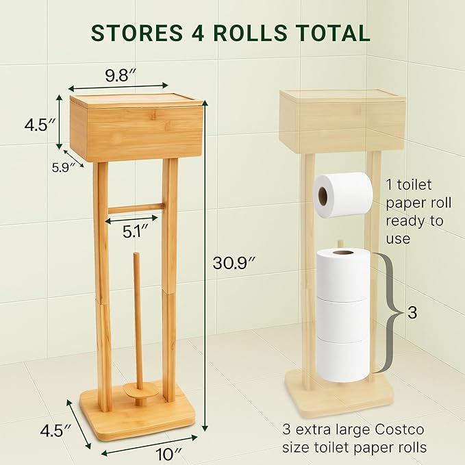 Bamboo Toilet Paper Holder Stand with Storage Shelf Box, Freestanding Bathroom Tissue Organizer and Wipes Dispenser, Rotating Swivel Lid, Eco-Friendly Natural Wood Home Decor Gift