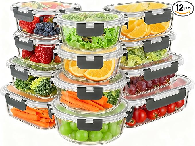 KAMOTA Glass Food Storage Containers, Grey Glass Meal Prep Containers, Airtight Containers with Snap-Lock Lids, Set of 12, for Microwave/Oven/Freezer/Dishwasher