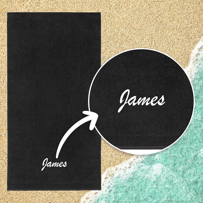 Kaufman - Personalized Velour Beach and Pool Towel 100% Cotton 30in X 60in Solid Color Bath Towel Embroidered (Black)