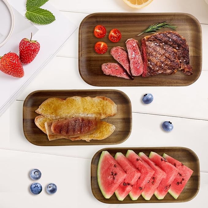 MinBoo Wooden Acacia Plates set of 3, 9-6Inch Wood Acacia Serving Trays, Farmhouse Kitchen Plates, Reusable Wooden Dishware for Dining, Appetizers, Snacks, Parties (rectangle)