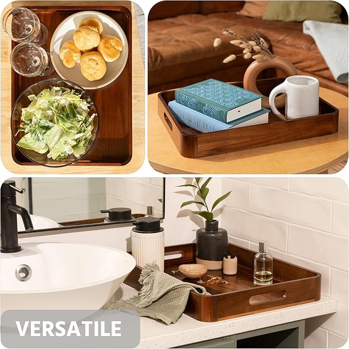 Acacia Wooden Serving Trays with Handles for Eating, Appetizers, Food, Snacks, or Home Decor, Large Wood Bed Tray or TV Tray, Decorative Ottoman or Coffee Table Accessory, 17x13 inch, Set of 1