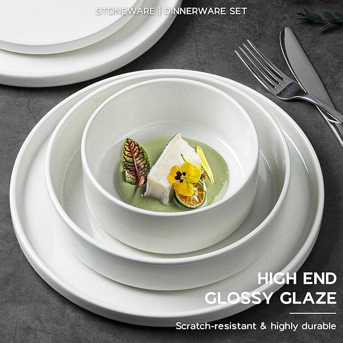 Stoneware Dinnerware Sets for 4 with Pasta Bowl, Onader 16 Piece Plates and Bowls Dish Set, Speckled Kitchen Dishware Dining Ware, Microwave & Dishwasher Safe - Cloud White