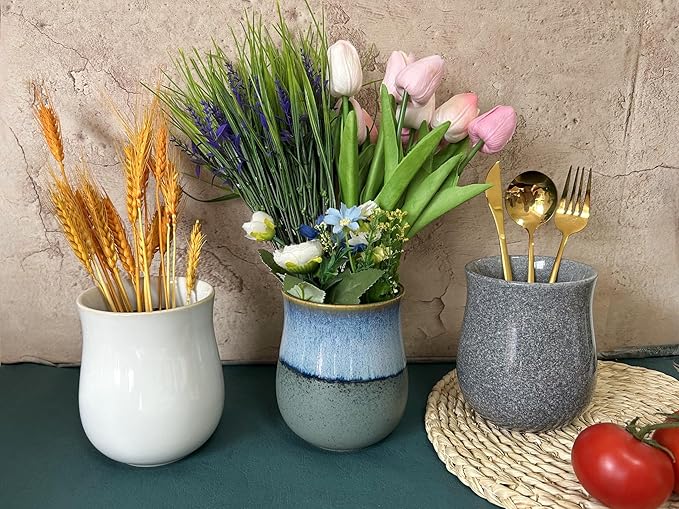 Medium Ceramic Kitchen Utensil Holder for Kitchen Counter Short Cooking Utensil Holder for Countertop Spatula Holder Small Utensil Crock Cutlery Holder Silverware Flower Vase (Retro White)